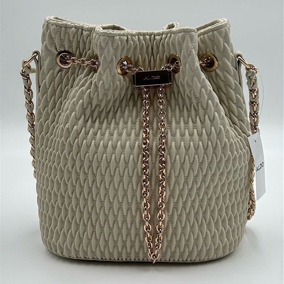 1707- Aldo Natalyaa Beige Quilted Bucket Crossbody Bag Vegan Leather NWT - Picture 2 of 13